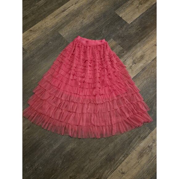 Unbranded Dresses & Skirts - Women's Pink Tiered Ruffle Tulle Midi Skirt Size S Elastic Waist Balletcore NWOT